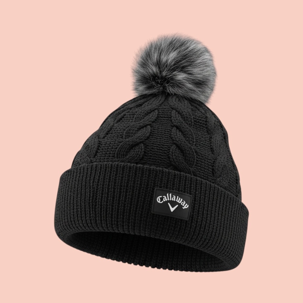 Callaway Womens Cable‎ Knit Beanie Pom Pom Fleece Lined Golf Winter Hat Black